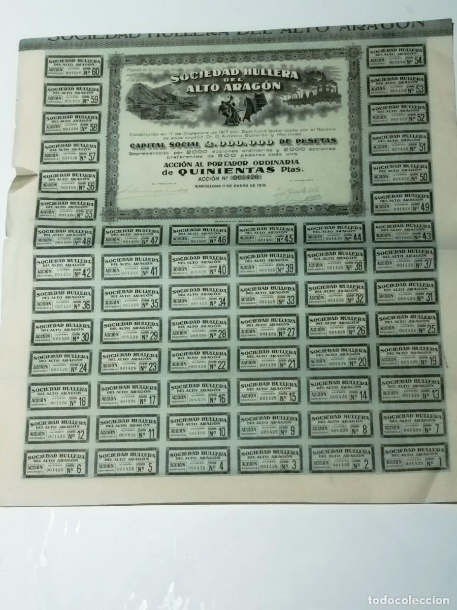 Coleccionismo acciones espa&ntilde;olas: 1918, Antigua Acci&oacute;n, Sociedad Hullera del Alto Arag&oacute;n, Barcelona