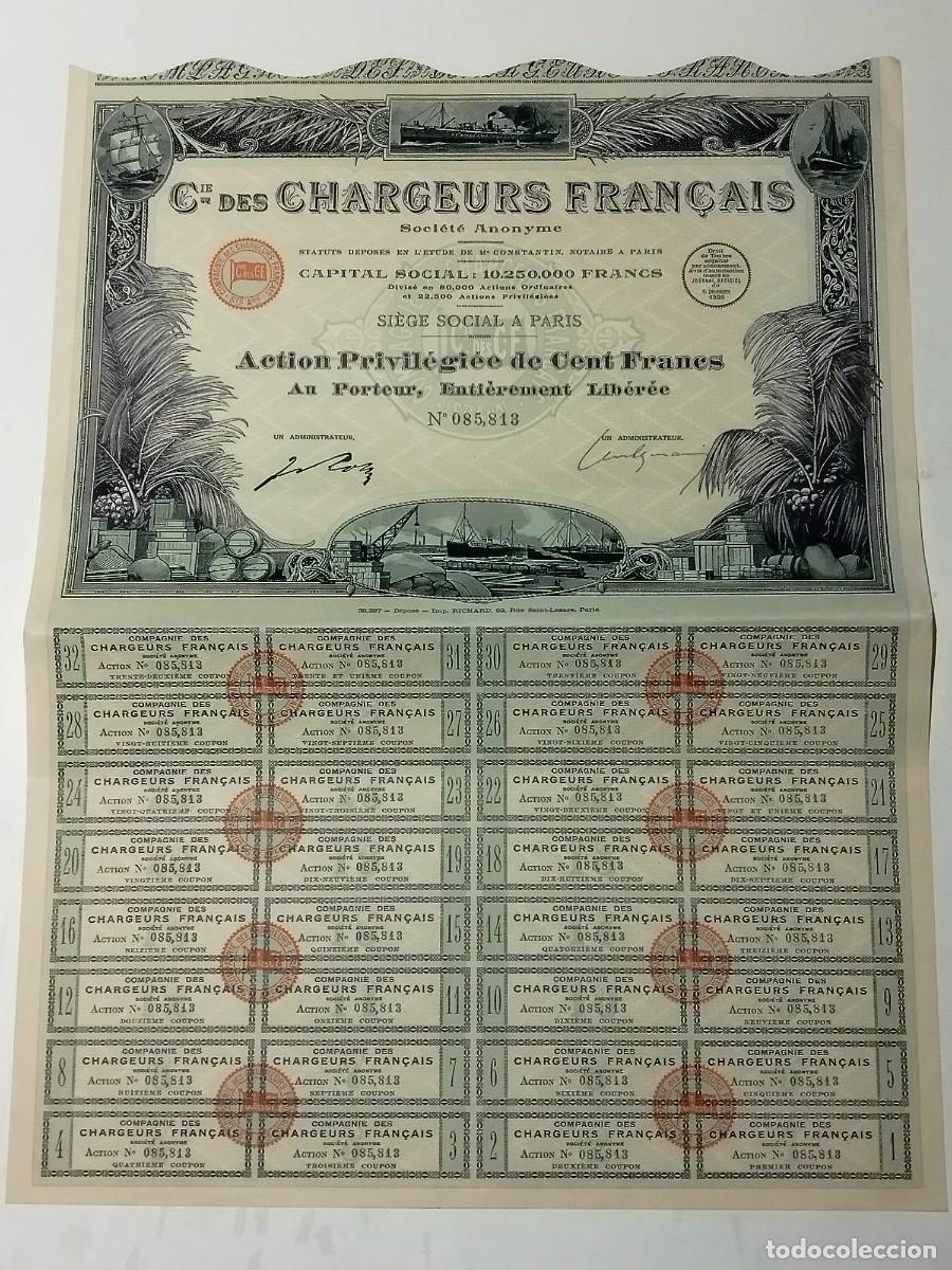 Coleccionismo acciones espa&ntilde;olas: 1926, Antigua Acci&oacute;n de Compagie des Chargeurs Fran&ccedil;ais, Francia