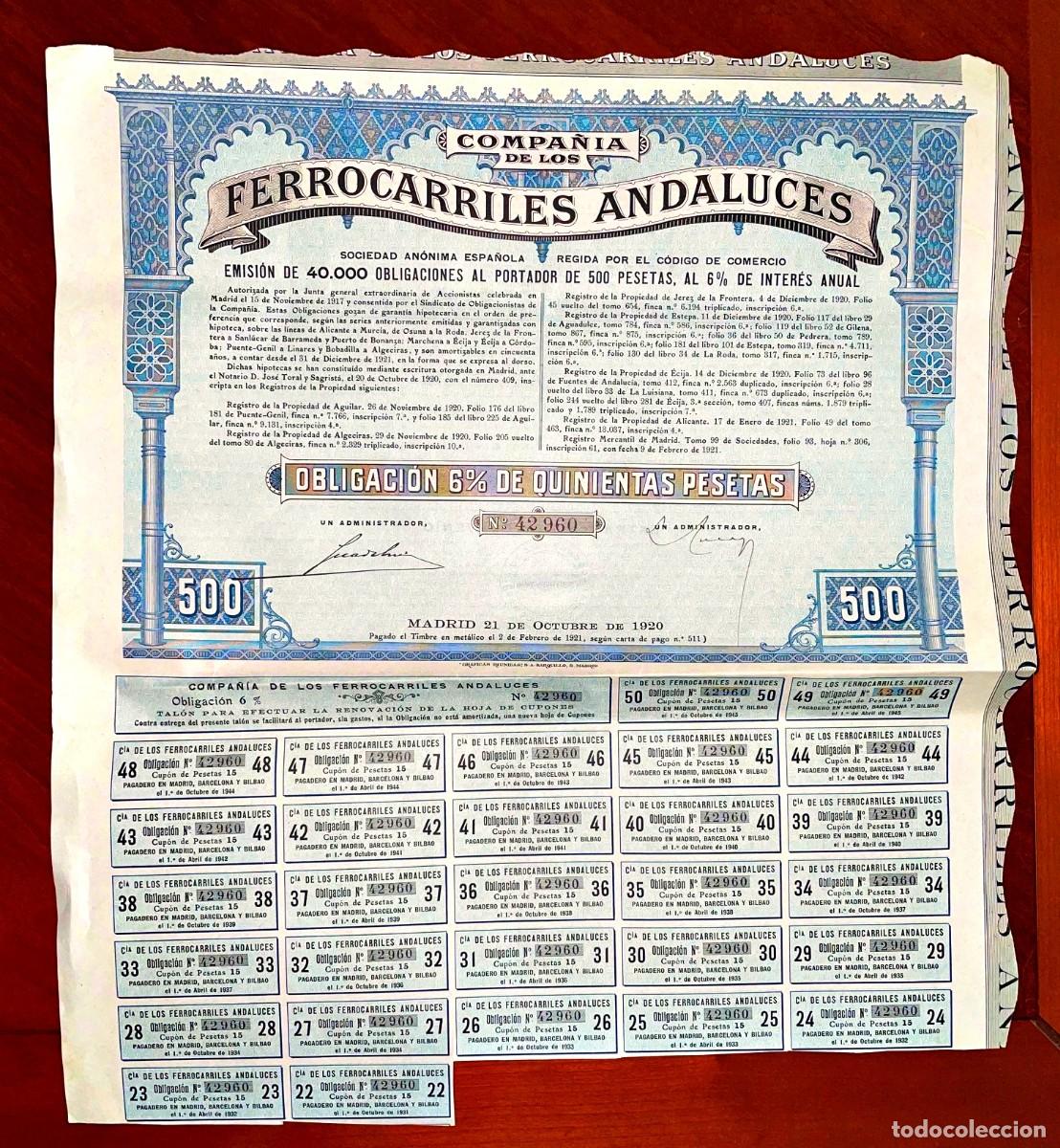Coleccionismo acciones espa&ntilde;olas: Ferrocarriles Andaluces Obligaci&oacute;n 1920