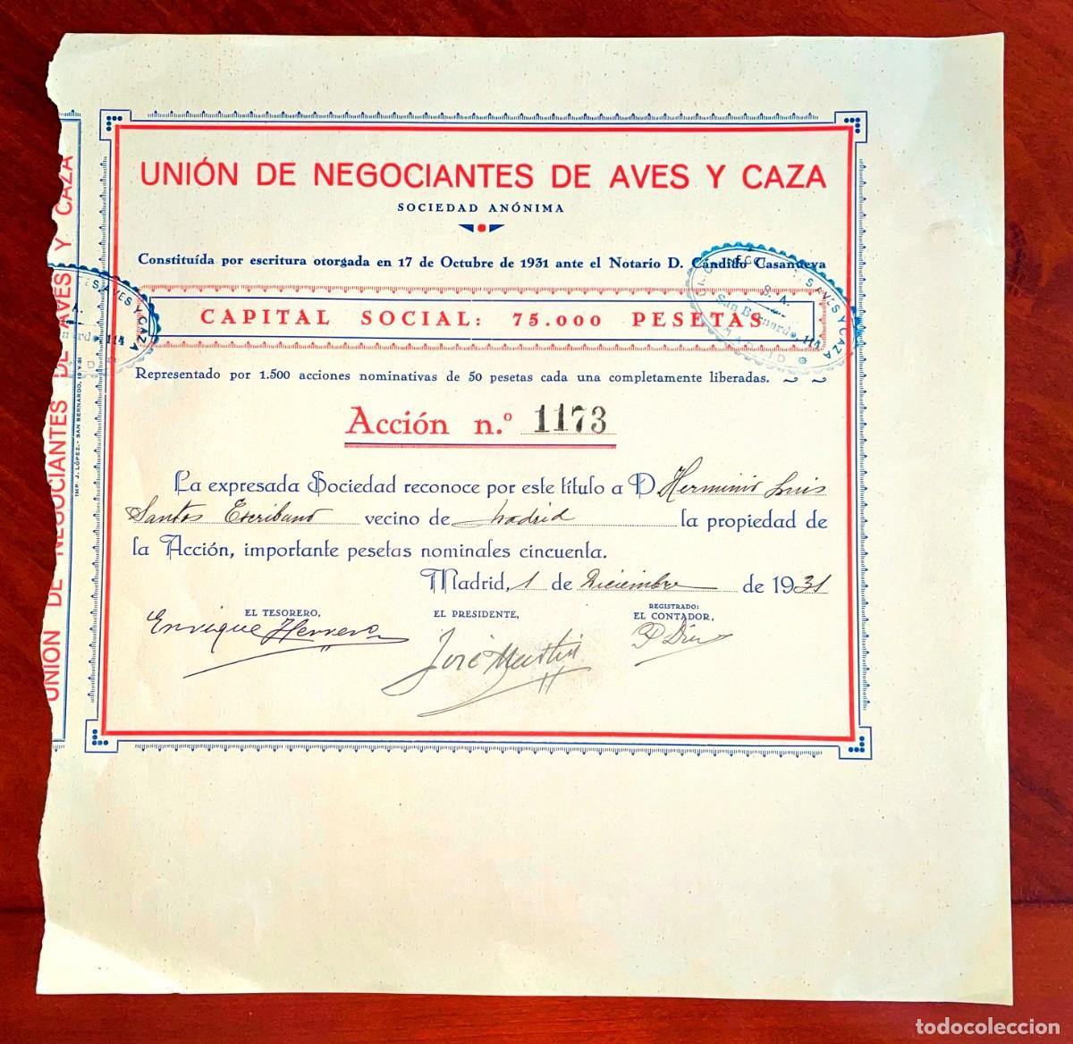 Coleccionismo acciones espa&ntilde;olas: Uni&oacute;n de Negociantes de Aves y Caza,SA Madrid 1931 acci&oacute;n