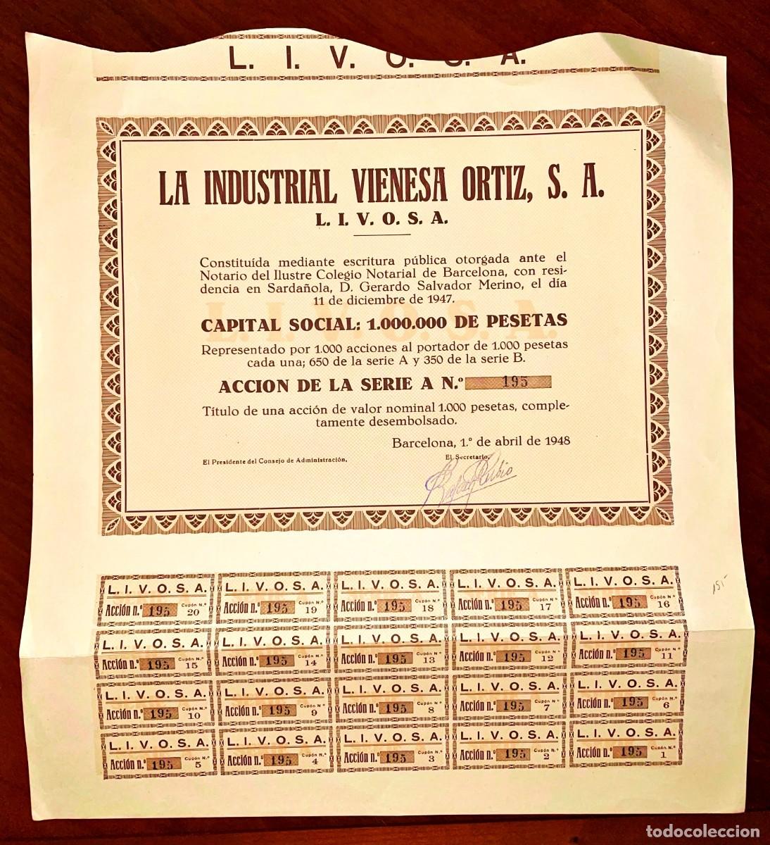 Coleccionismo acciones espa&ntilde;olas: La Industrial Vienesa Ortiz, SA Barcelona 1948 acci&oacute;n