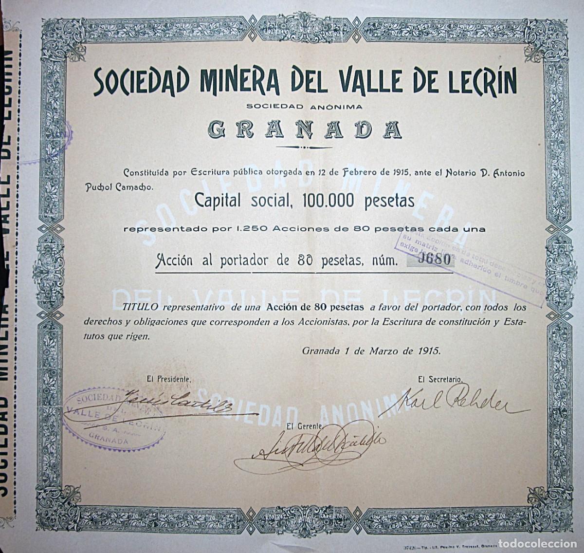 Coleccionismo acciones espa&ntilde;olas: 1915-SOCIEDAD MINERA DEL VALLE DE LECRIN-GRANADA