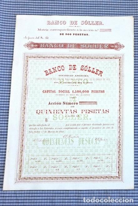 Coleccionismo acciones espa&ntilde;olas: Acci&oacute;n del Banco de S&oacute;ller. Mallorca. 500 pesetas del 1 de marzo de 1890.