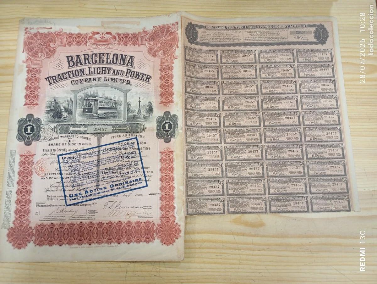 Coleccionismo acciones espa&ntilde;olas: 1913 ACCION BARCELONA TRACTION LIGHT AND POWER COMPANY LIMITED