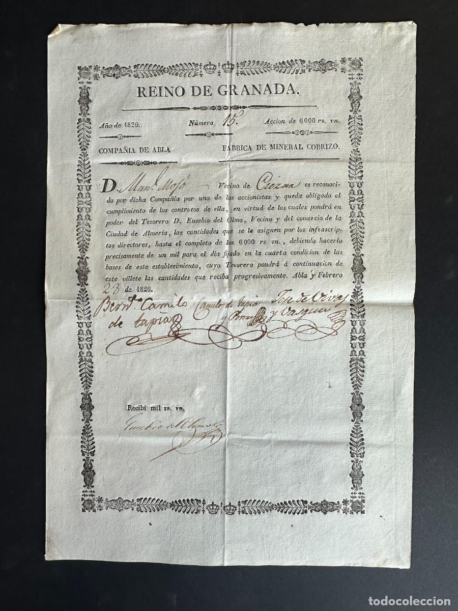 Coleccionismo acciones espa&ntilde;olas: A&Ntilde;O 1826 - ACCION DE LA COMPA&Ntilde;IA DE ABLA, FABRICA DE MINERAL COBRIZO - ALMERIA -