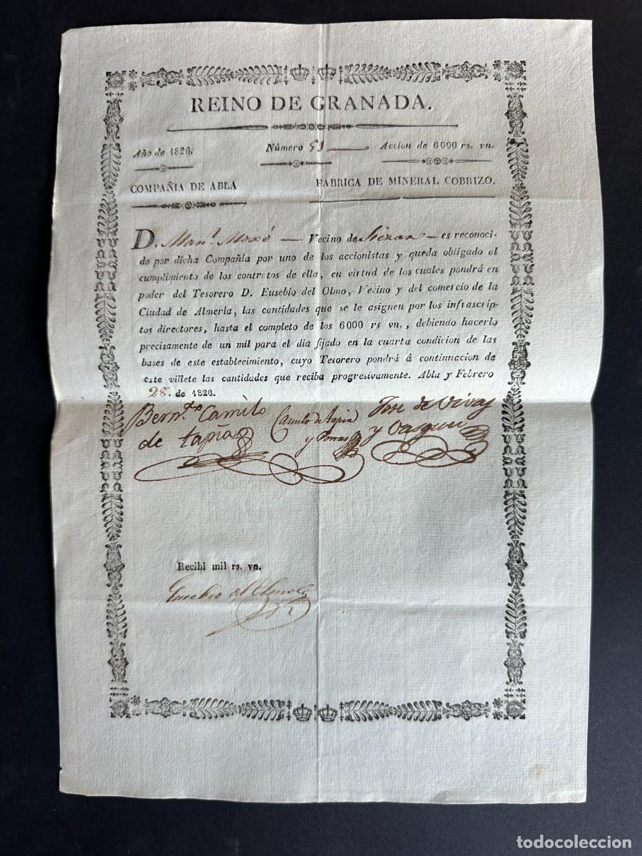 Coleccionismo acciones espa&ntilde;olas: A&Ntilde;O 1826 - ACCION DE LA COMPA&Ntilde;IA DE ABLA, FABRICA DE MINERAL COBRIZO - ALMERIA -