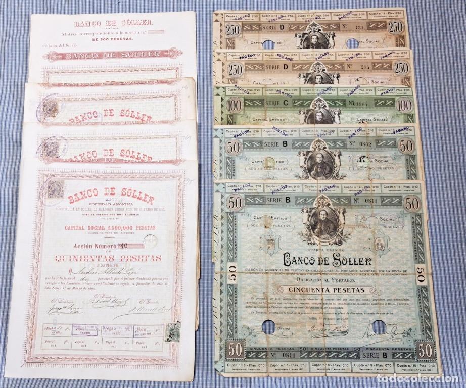 Coleccionismo acciones espa&ntilde;olas: Lote 5 obligaciones y 4 acciones del Banco de S&oacute;ller. Mallorca.
