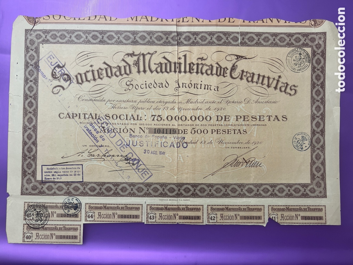 Coleccionismo acciones espa&ntilde;olas: A22. Sociedad Madrile&ntilde;a de Tranv&iacute;as, 1920 acci&oacute;n
