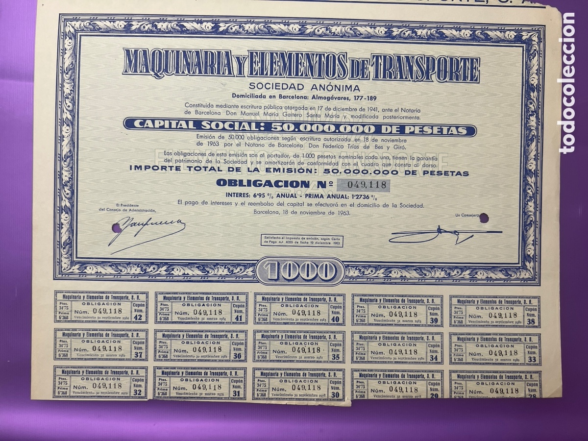 Coleccionismo acciones espa&ntilde;olas: A22. ACCION MAQUINARIA Y ELEMENTOS DE TRANSPORTE DEL 18 DE NOVIEMBRE DE 1963