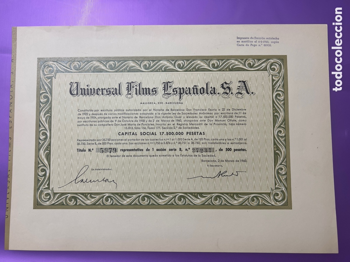 Coleccionismo acciones espa&ntilde;olas: A23. Universal Film Espa&ntilde;ola SA Barcelona 1960 acci&oacute;n