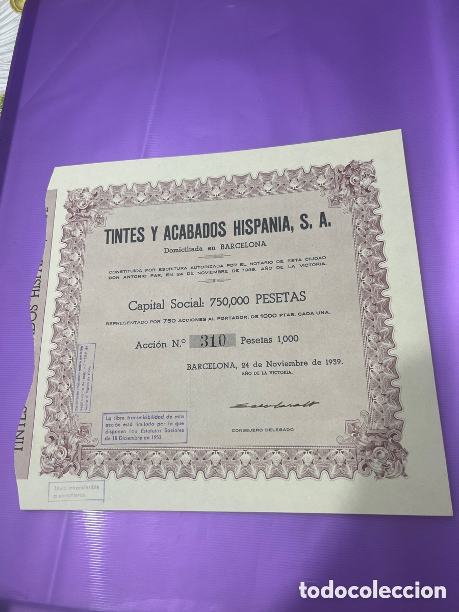 Coleccionismo acciones espa&ntilde;olas: A25. Acci&oacute;n. Tintes y acabados hispania. S.A. Barcelona - 1939