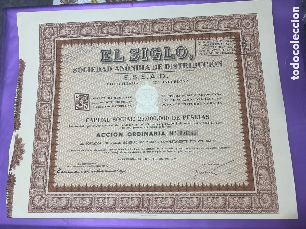 Coleccionismo acciones espa&ntilde;olas: A27. ACCION EL SIGLO SOCIEDAD ANONIMA DE DISTRIBUCION. BARCELONA 1942.CON CUPONES.