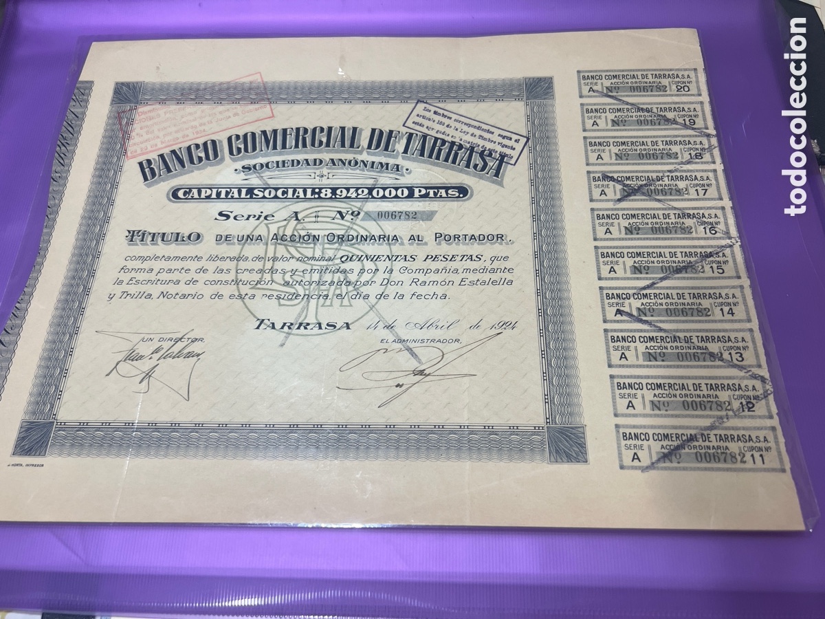 Coleccionismo acciones espa&ntilde;olas: A27. Banco Comercial de Tarrasa SA, Tarrasa, Barcelona 1924 acci&oacute;n con cancelaciones
