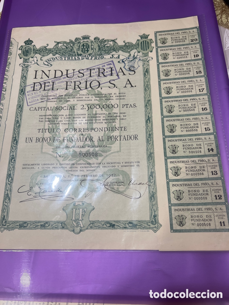 Coleccionismo acciones espa&ntilde;olas: A27. Industrias del Fr&iacute;o,SA bono fundador Barcelona 1922, firma manuscrita (Jose Casacuberta)