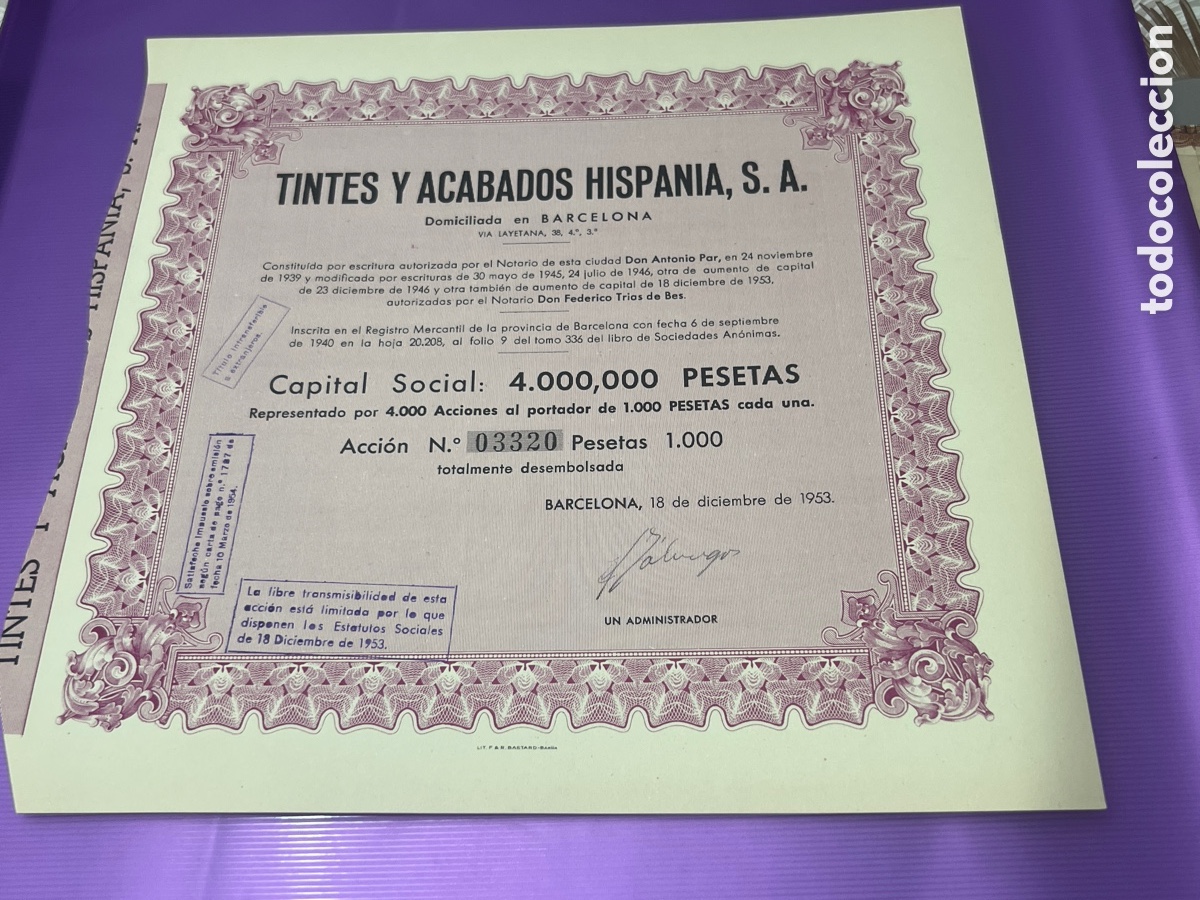 Coleccionismo acciones espa&ntilde;olas: A27. Acci&oacute;n. Tintes y acabados hispania. S.A. Barcelona - 1953