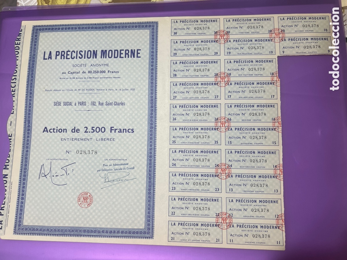 Coleccionismo acciones espa&ntilde;olas: A28. ACCI&Oacute;N 1920 - LA PRECISI&Oacute;N MODERNE