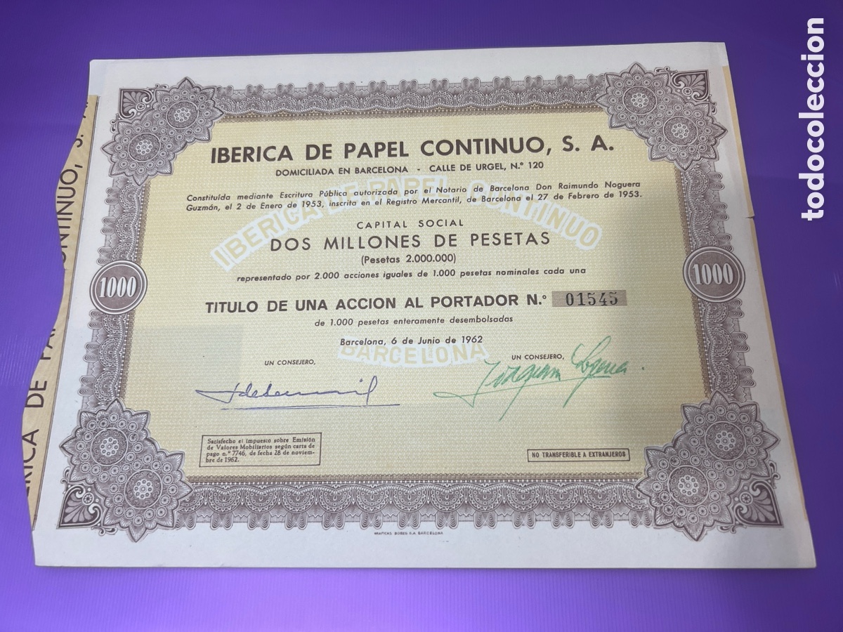 Coleccionismo acciones espa&ntilde;olas: A28. ACCION IB&Eacute;RICA DE PAPEL CONTINUO S.A - BARCELONA 1962