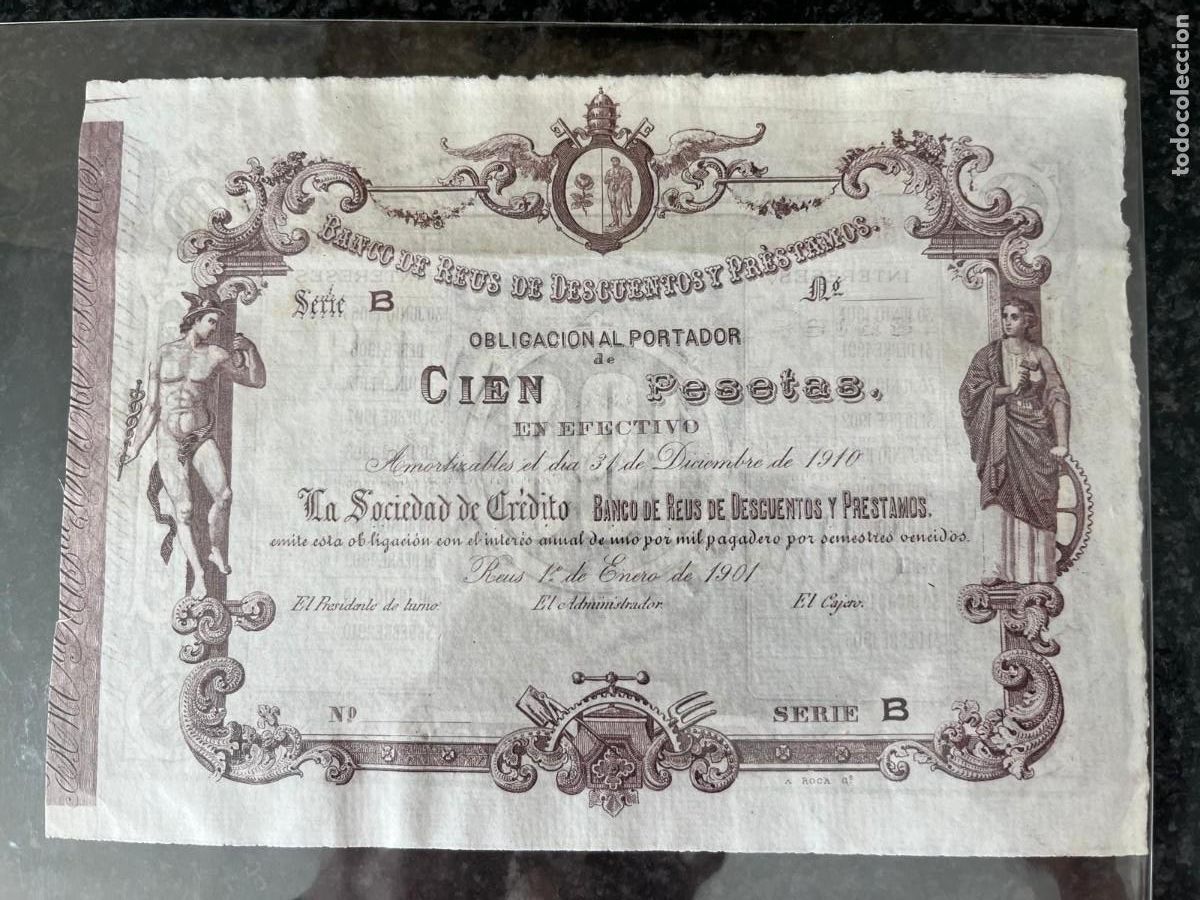 Coleccionismo acciones espa&ntilde;olas: Obligaci&oacute;n 100 pesetas serie B Reus Tarragona