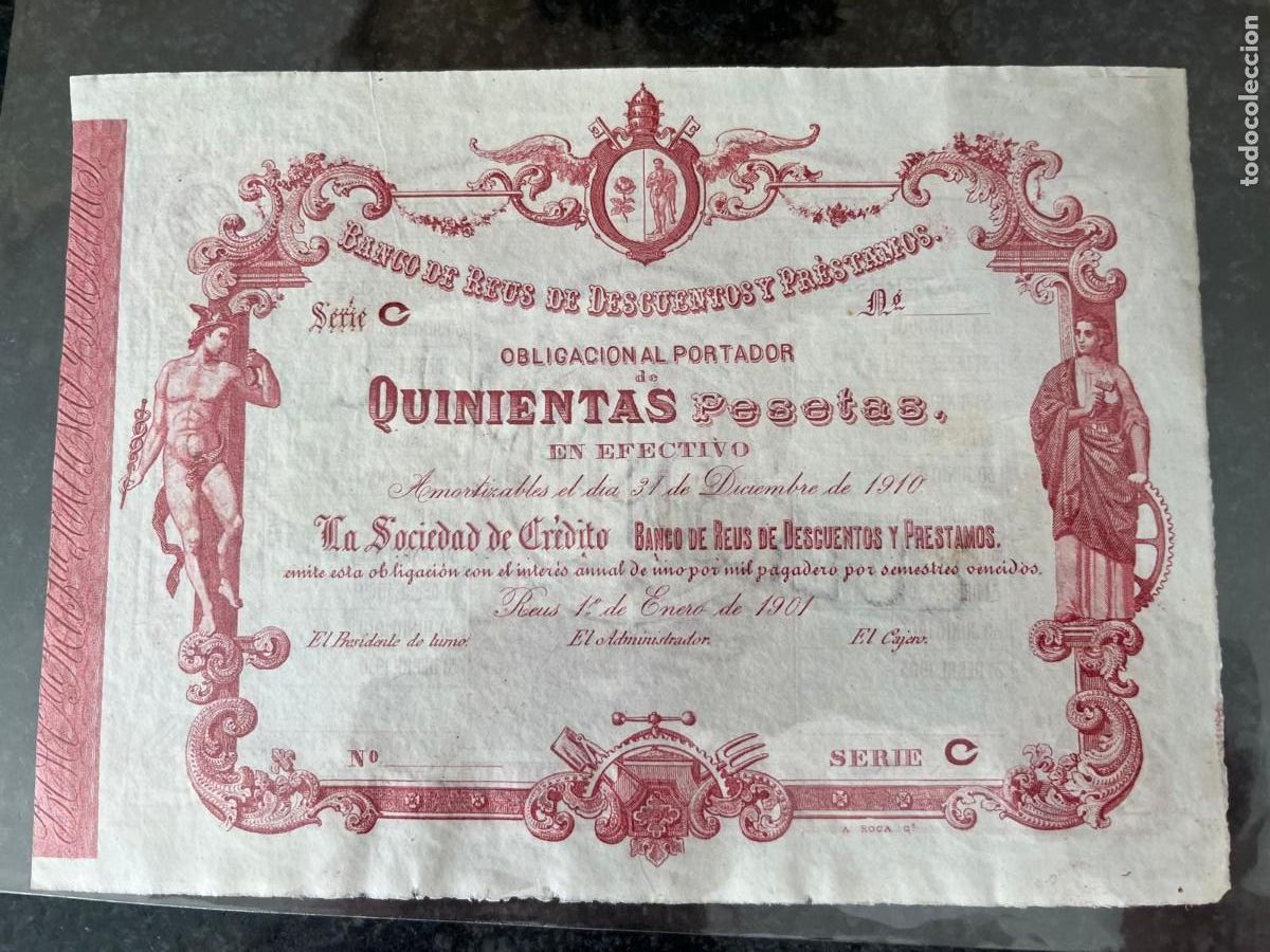 Coleccionismo acciones espa&ntilde;olas: Obligaci&oacute;n 500 pesetas serie C Reus Tarragona