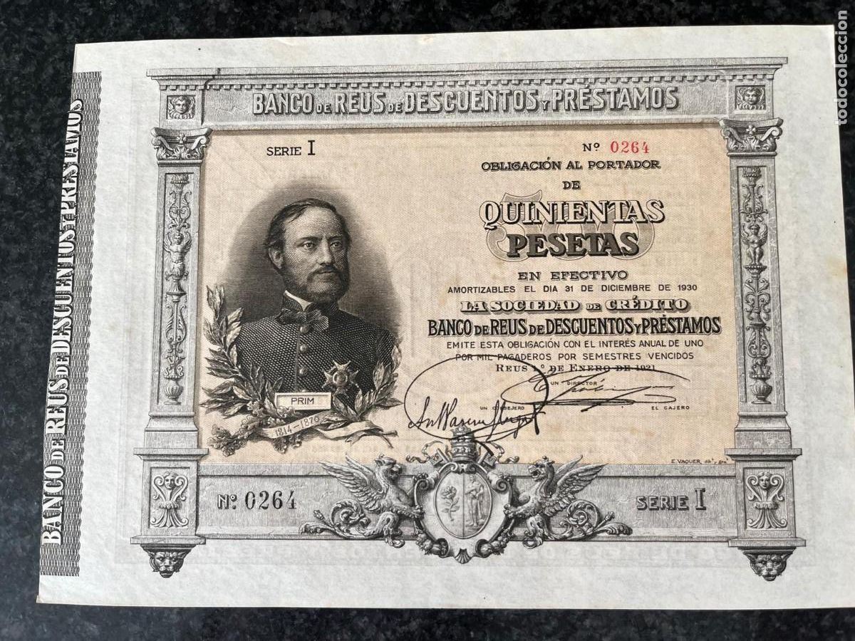 Coleccionismo acciones espa&ntilde;olas: Obligaci&oacute;n 500 pesetas serie I General Prim Reus Tarragona