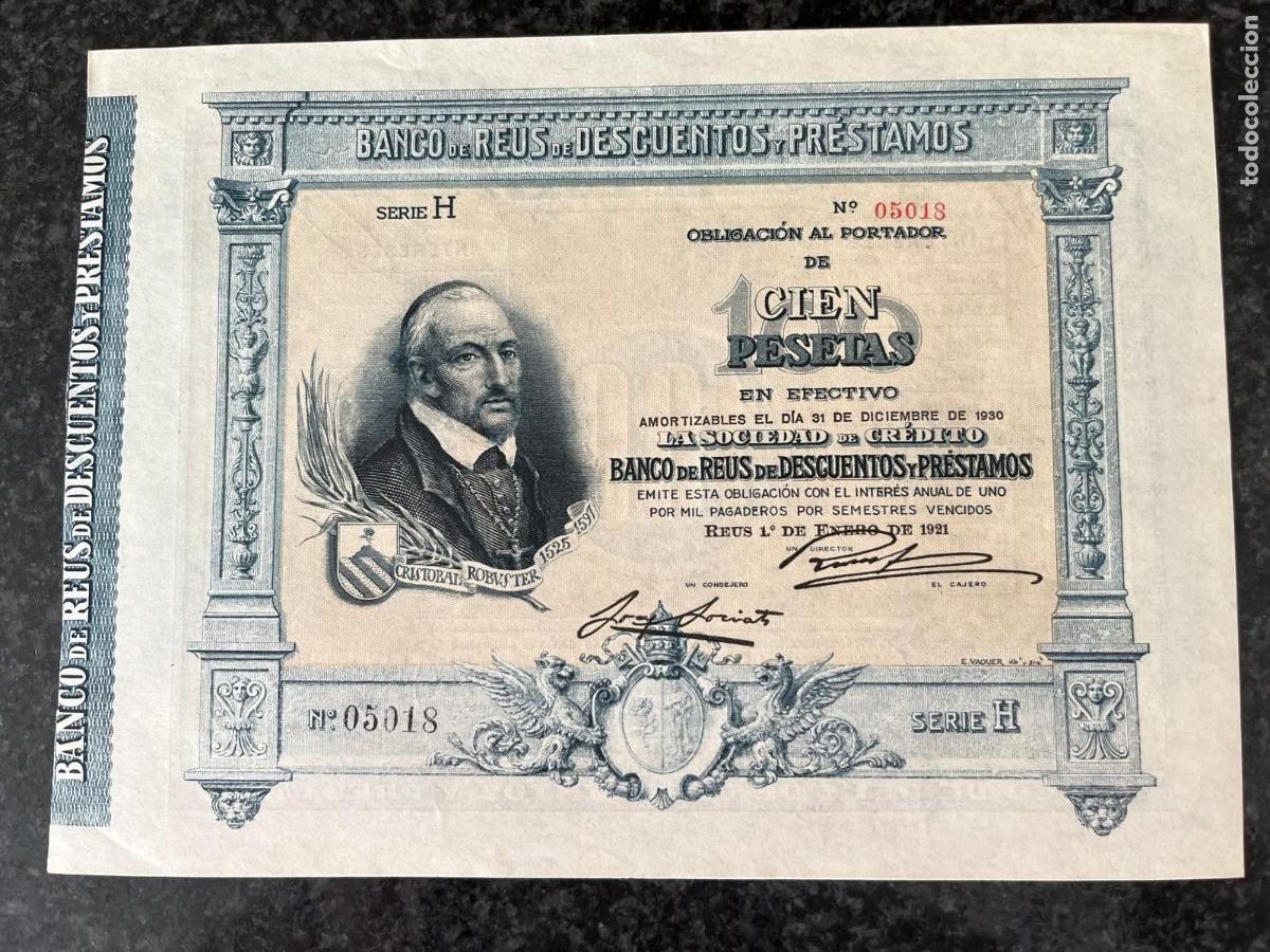 Coleccionismo acciones espa&ntilde;olas: Obligaci&oacute;n 100 pesetas serie H Robuster Reus Tarragona