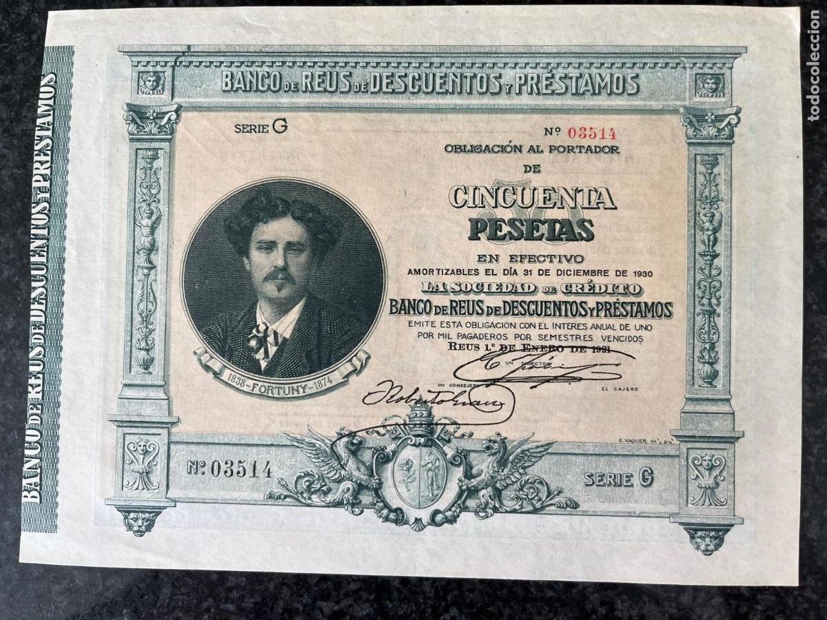 Coleccionismo acciones espa&ntilde;olas: Obligaci&oacute;n 50 pesetas serie G Fortuny Reus Tarragona