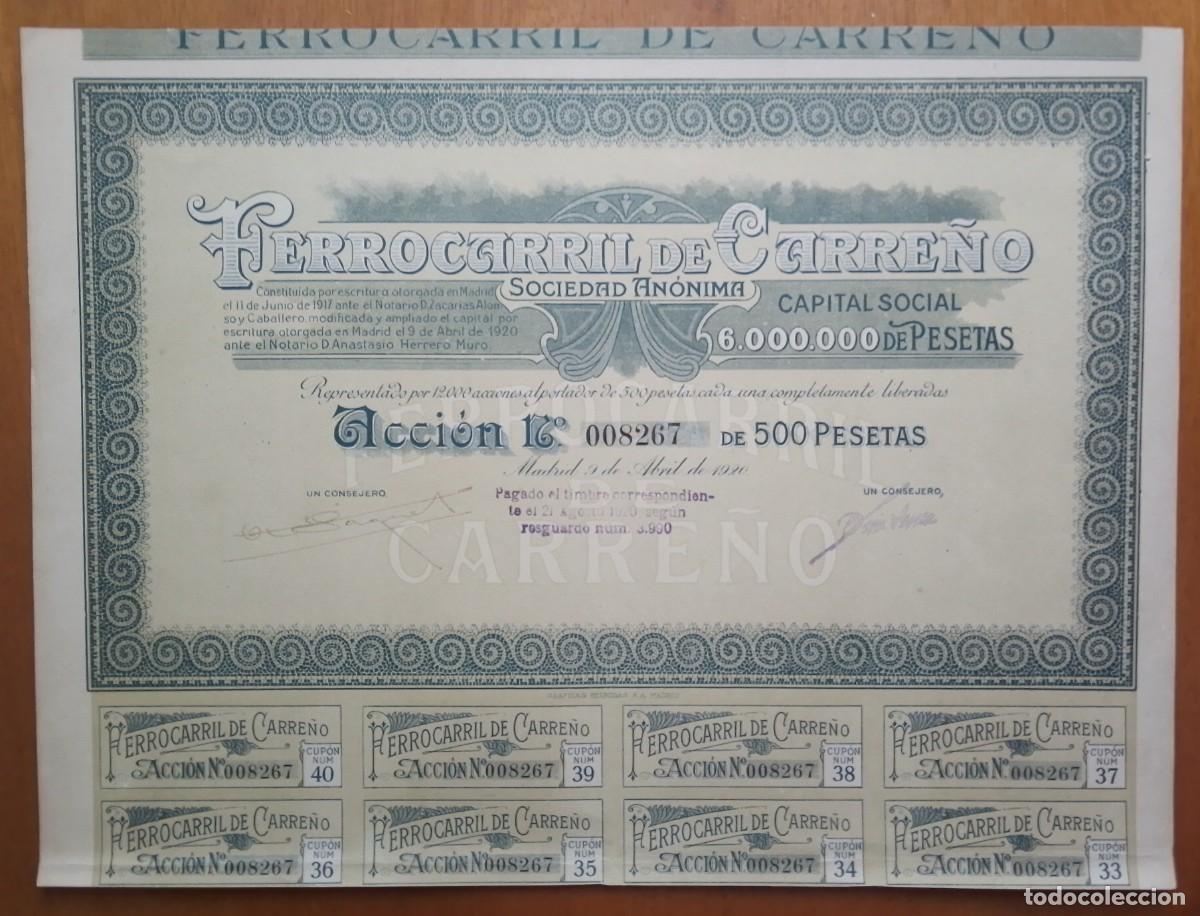 Coleccionismo acciones espa&ntilde;olas: ASTURIAS. Acci&oacute;n del Ferrocarril de Carre&ntilde;o. Domiciliada en Madrid. 1920