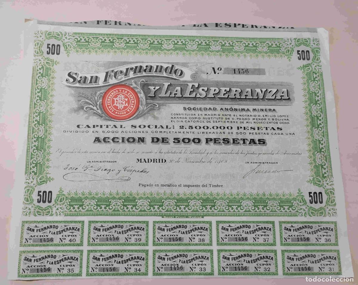 Coleccionismo acciones espa&ntilde;olas: Acci&oacute;n. San Fernando y la Esperanza. Sociedad An&oacute;nima Minera. 1908