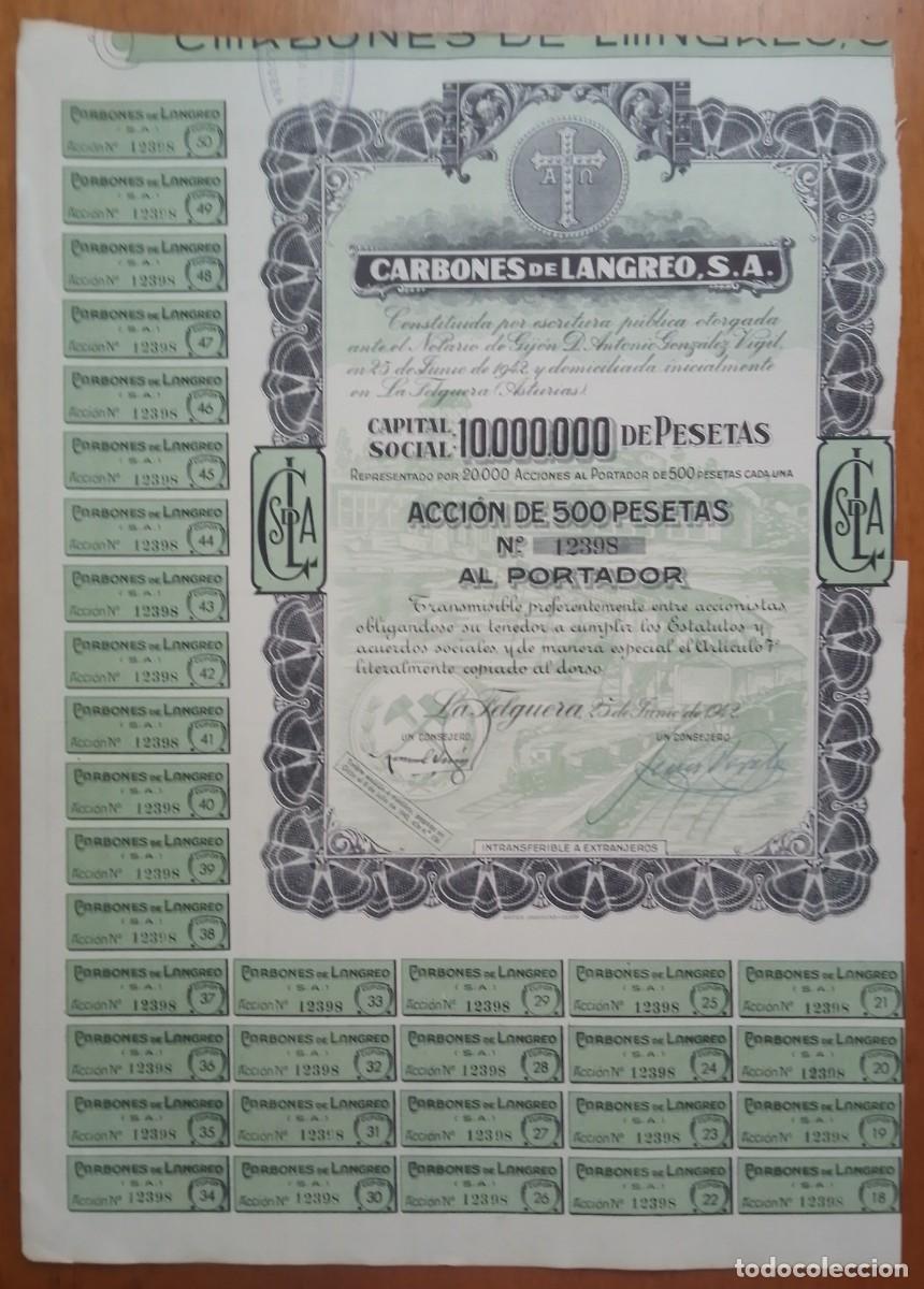 Coleccionismo acciones espa&ntilde;olas: Empresa minera Carbones de Langreo S.A. La Felguera. 1942. Con cupones