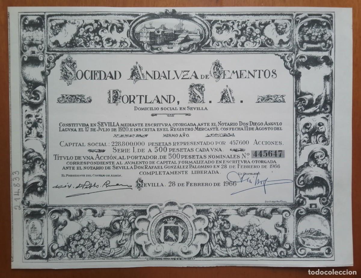 Coleccionismo acciones espa&ntilde;olas: ANDALUC&Iacute;A. Sociedad Andaluza de Cementos Portland. Sevilla. 1966