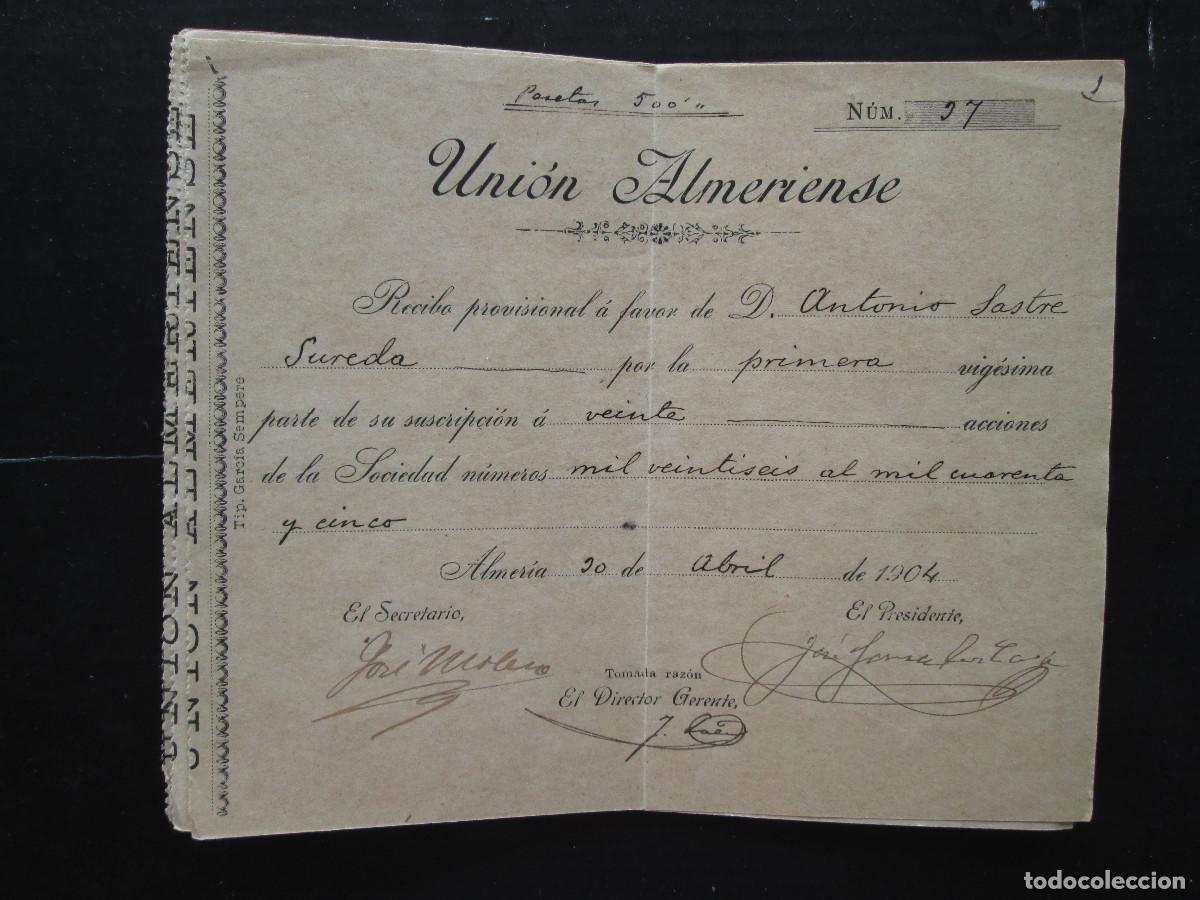 Coleccionismo acciones espa&ntilde;olas: UNION ALMERIENSE - RECIBO POR PARTE DE SUSCRIPCION A ACCIONES DE UNA SOCIEDAD - ALMERIA 1904