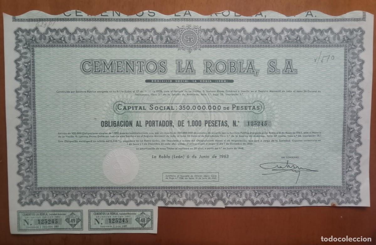 Coleccionismo acciones espa&ntilde;olas: CASTILLA Y LE&Oacute;N. Cementos de La Robla S.A. 1963