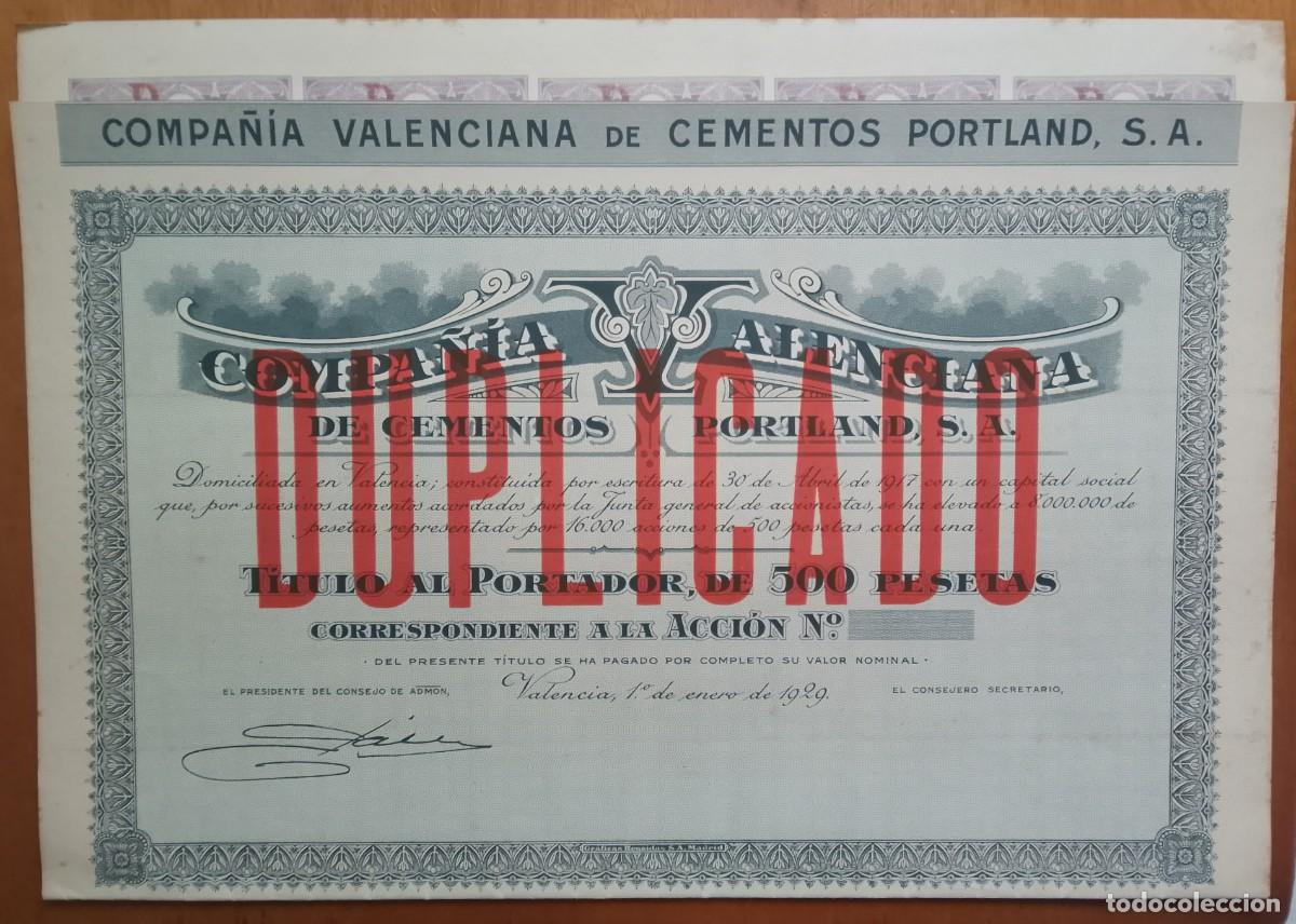 Coleccionismo acciones espa&ntilde;olas: Compa&ntilde;&iacute;a Valenciana de Cementos Portland S.A. Valencia. 1929