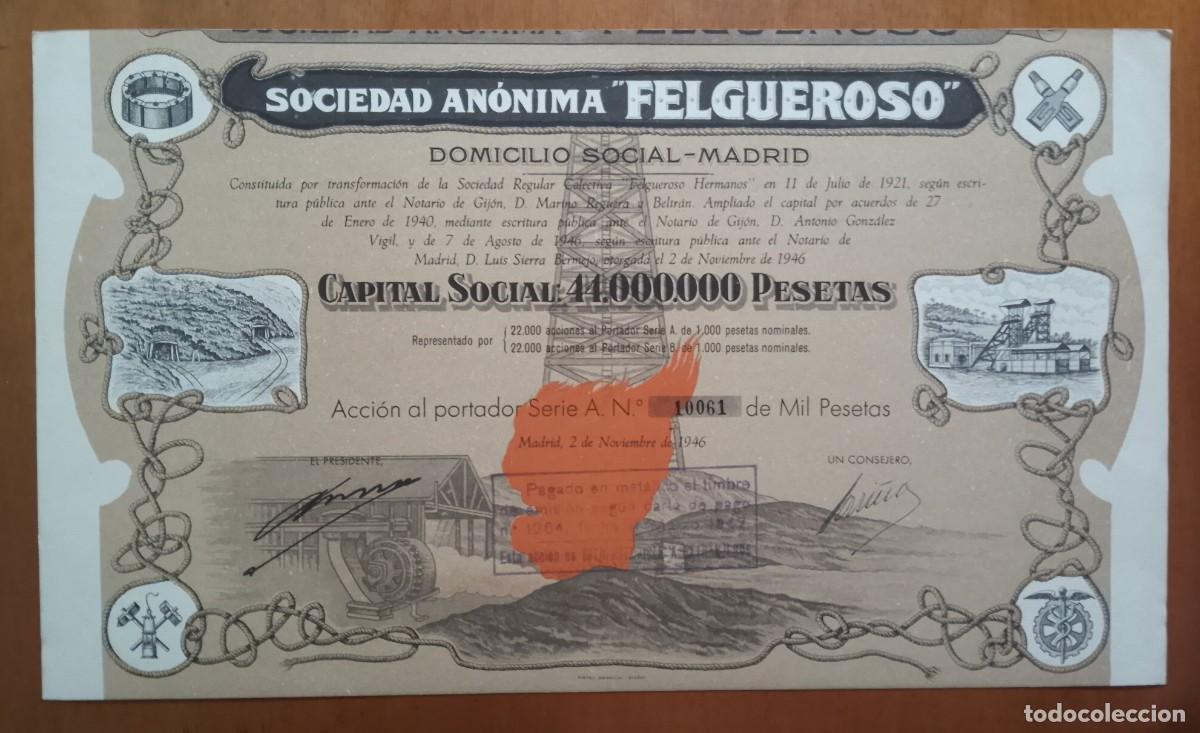 Coleccionismo acciones espa&ntilde;olas: ASTURIAS. Sociedad An&oacute;nima Felgueroso. Mina La Camocha-Gij&oacute;n. Domiciliada en Madrid. 1946