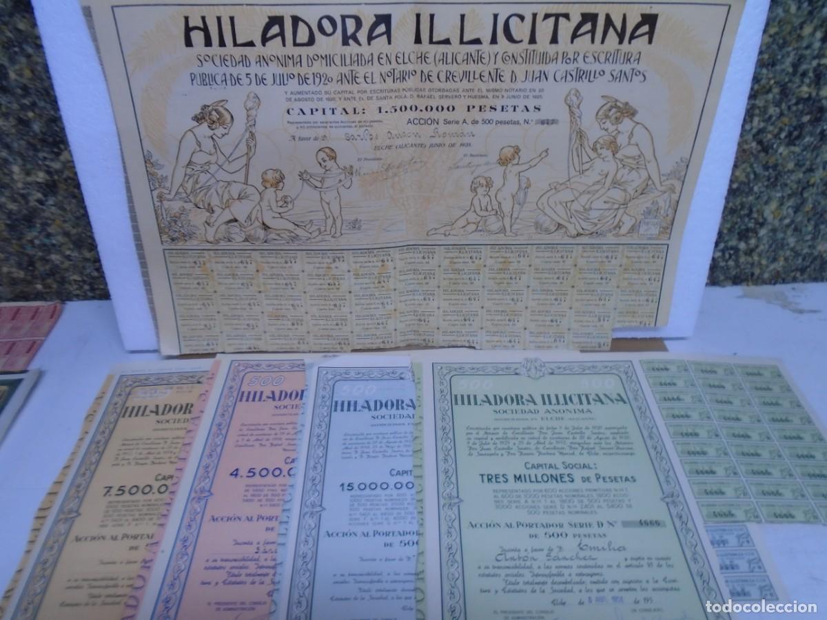Coleccionismo acciones espa&ntilde;olas: HILADORA ILLICITANA,ELCHE.ACCIONES DE 1925-1956-1958-1961-1965.