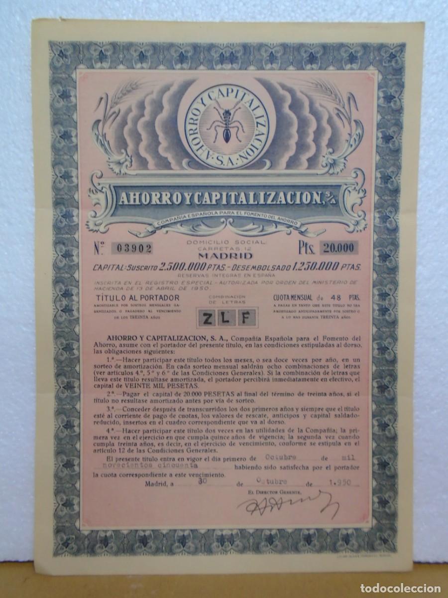 Coleccionismo acciones espa&ntilde;olas: AHORRO Y CAPITALIZACION,CIA.ESPA&Ntilde;OLA PARA FOMENTO DEL AHORRO,MADRID.ACCION DE 1950.