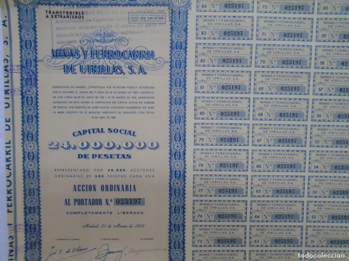 Coleccionismo acciones espa&ntilde;olas: MINAS Y FERROCARRIL DE UTRILLAS,S.A. MADRID ACCION DE 1952.
