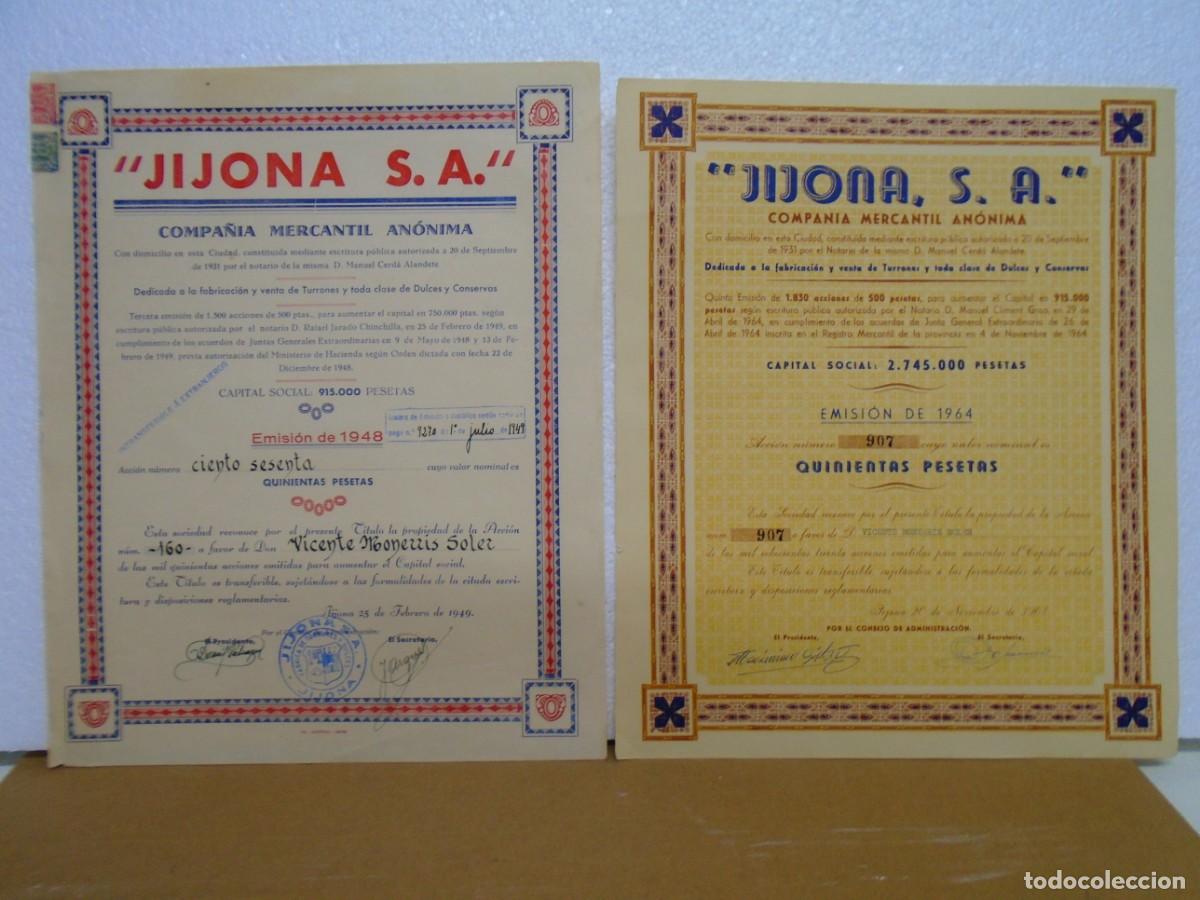Coleccionismo acciones espa&ntilde;olas: &rdquo;JIJONA S.A&rdquo;FABRICACION DE TURRONES Y DULCES,JIJONA(ALICANTE)ACCIONES DE 1964-1949.