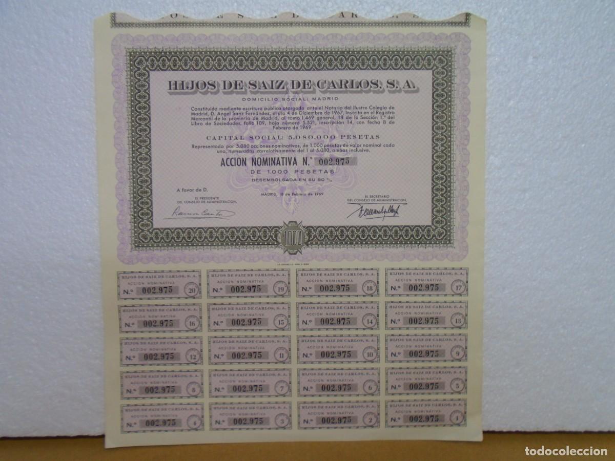 Collezionismo Azioni Spagnole: HIJOS DE SAIZ DE CARLOS,S.A. - DESTILERIAS - MADRID, ACCION DE 1969.