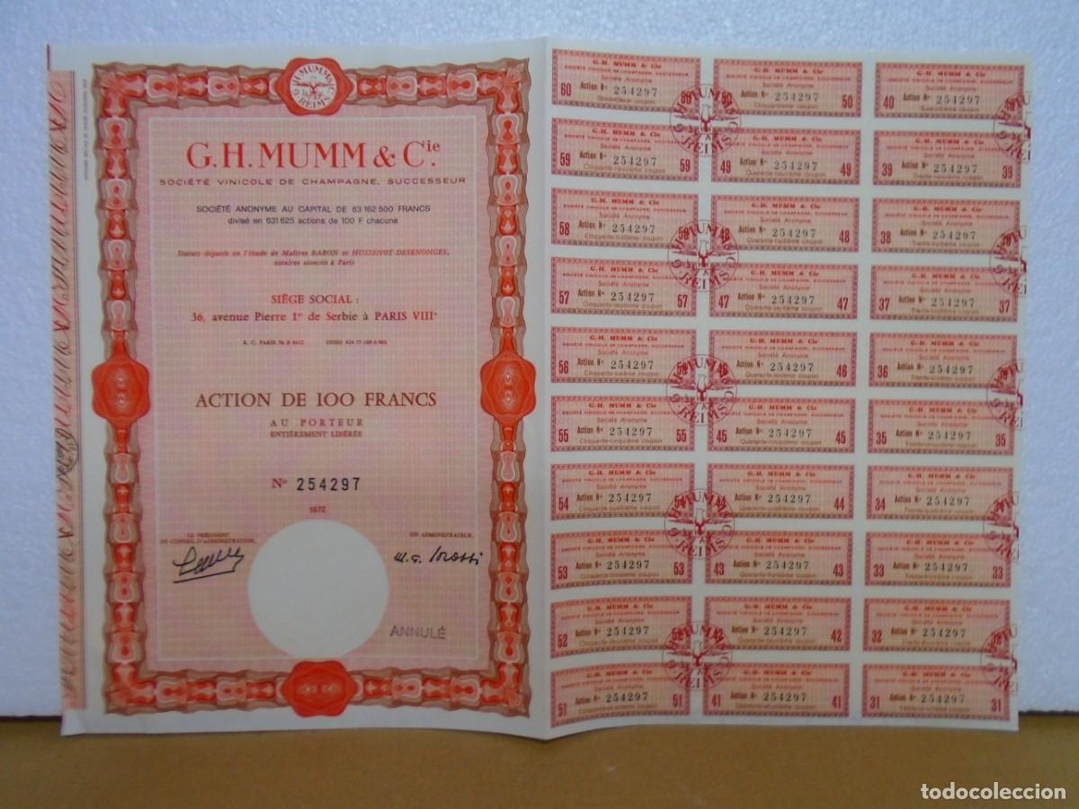 Collezionismo Azioni Spagnole: G.H.MUMM&CIA-SOCIEDAD VINICOLA DE CHAMPAGNE-PARIS, ACCION DE 1972.