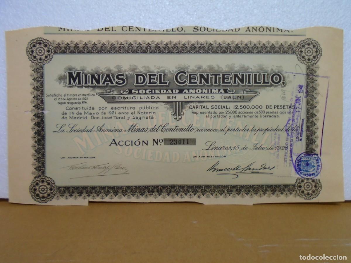 Coleccionismo acciones espa&ntilde;olas: MINAS DEL CENTENILLO,LINARES(JAEN)ACCION DEL 15/7/1921.