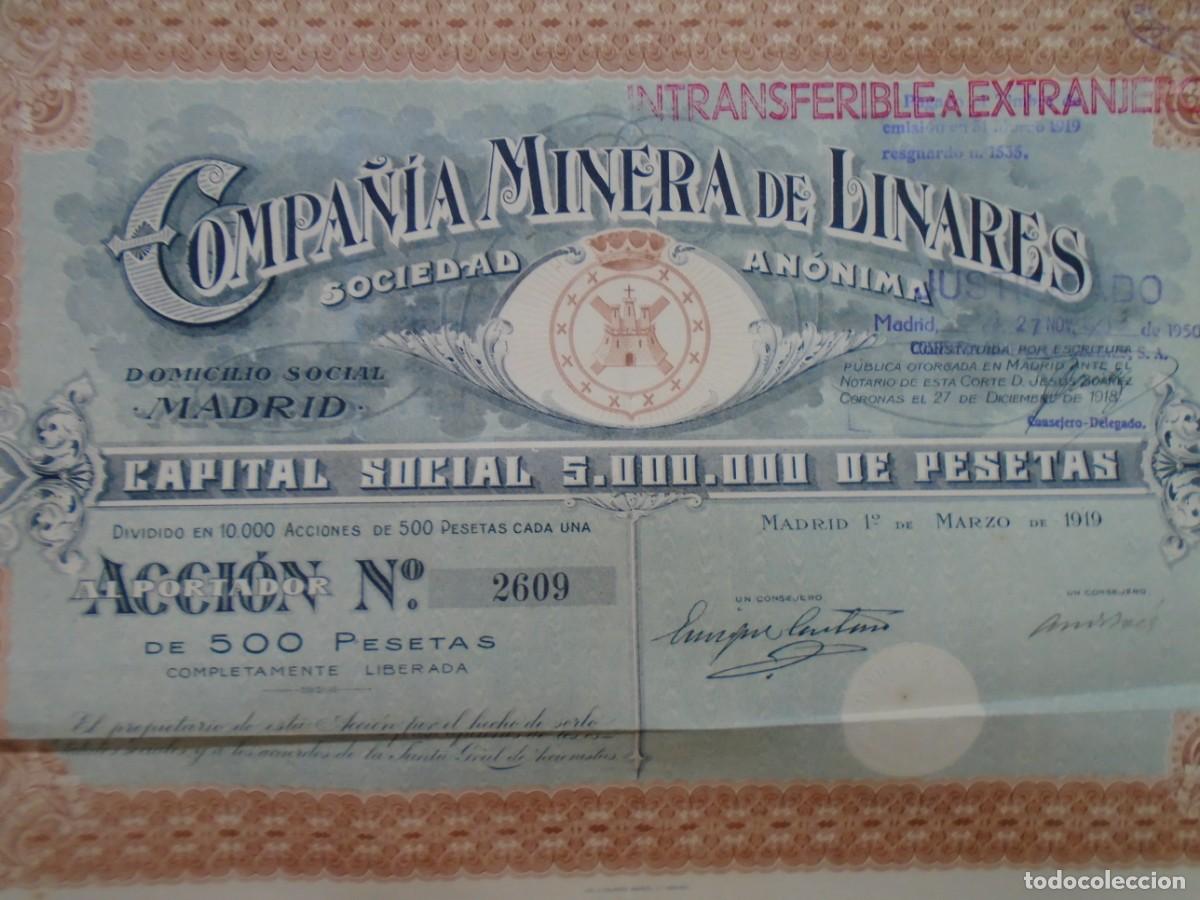 Coleccionismo acciones espa&ntilde;olas: COMPA&Ntilde;IA MINERA DE LINARES,S.A.TITULO DE ACCION,MADRID 1/3/1919.