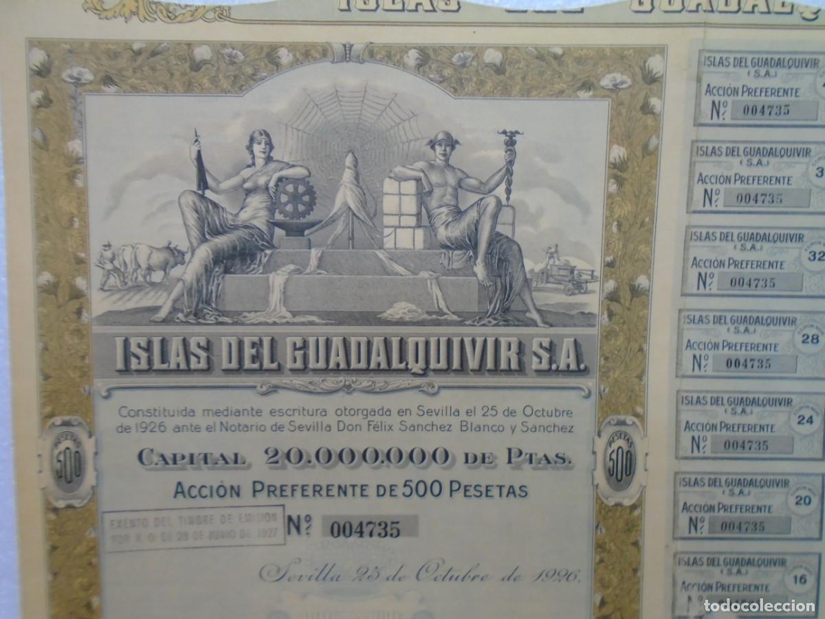 Coleccionismo acciones espa&ntilde;olas: ISLAS DEL GUADALQUIVIR,S.A.TITULO DE ACCION,SEVILLA 25/10/1926.