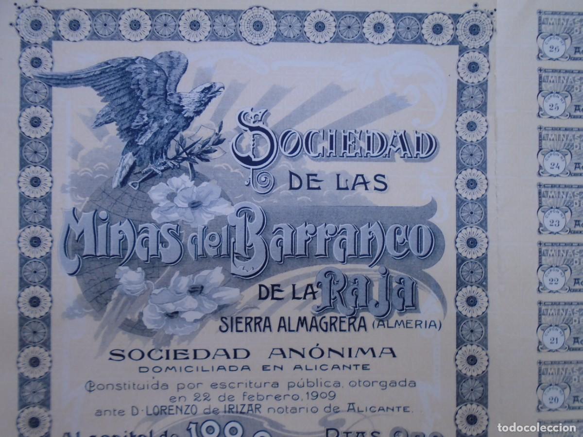 Coleccionismo acciones espa&ntilde;olas: SOCIEDAD&rdquo;MINAS DEL BARRANCO DE LA RAJA DE SIERRA ALMAGRERA&rdquo;ALICANTE 1909