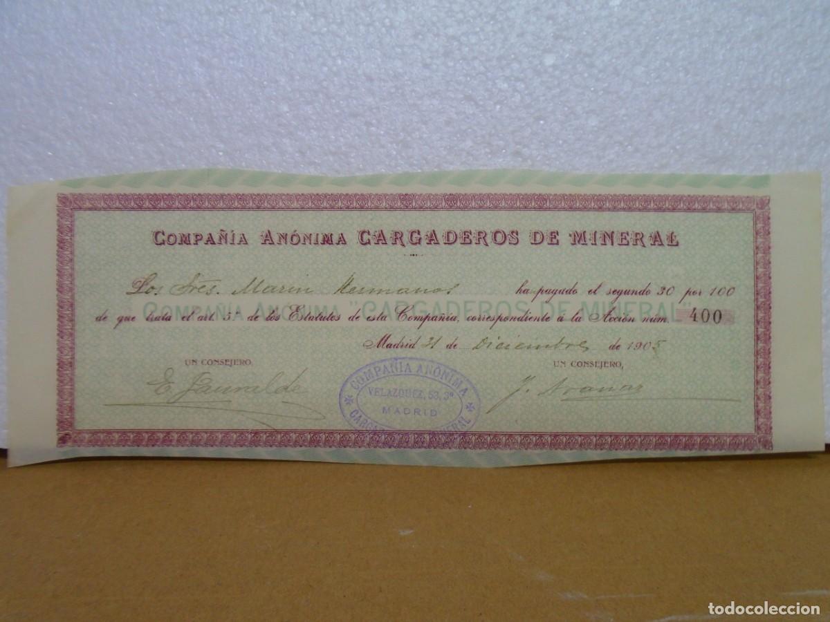 Coleccionismo acciones espa&ntilde;olas: COMPA&Ntilde;IA AN&Oacute;NIMA&rdquo;CARGADEROS DE MINERAL&rdquo;MADRID 31/12/1905.RARO.