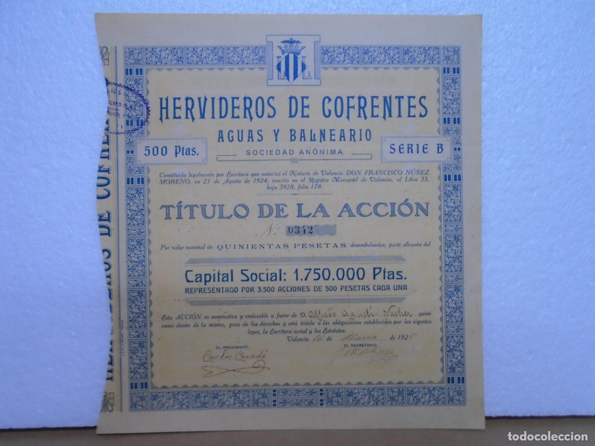 Coleccionismo acciones espa&ntilde;olas: HERVIDEROS DE COFRENTES(AGUAS Y BALNEARIO)TITULO DE ACCION,VALENCIA 1925.