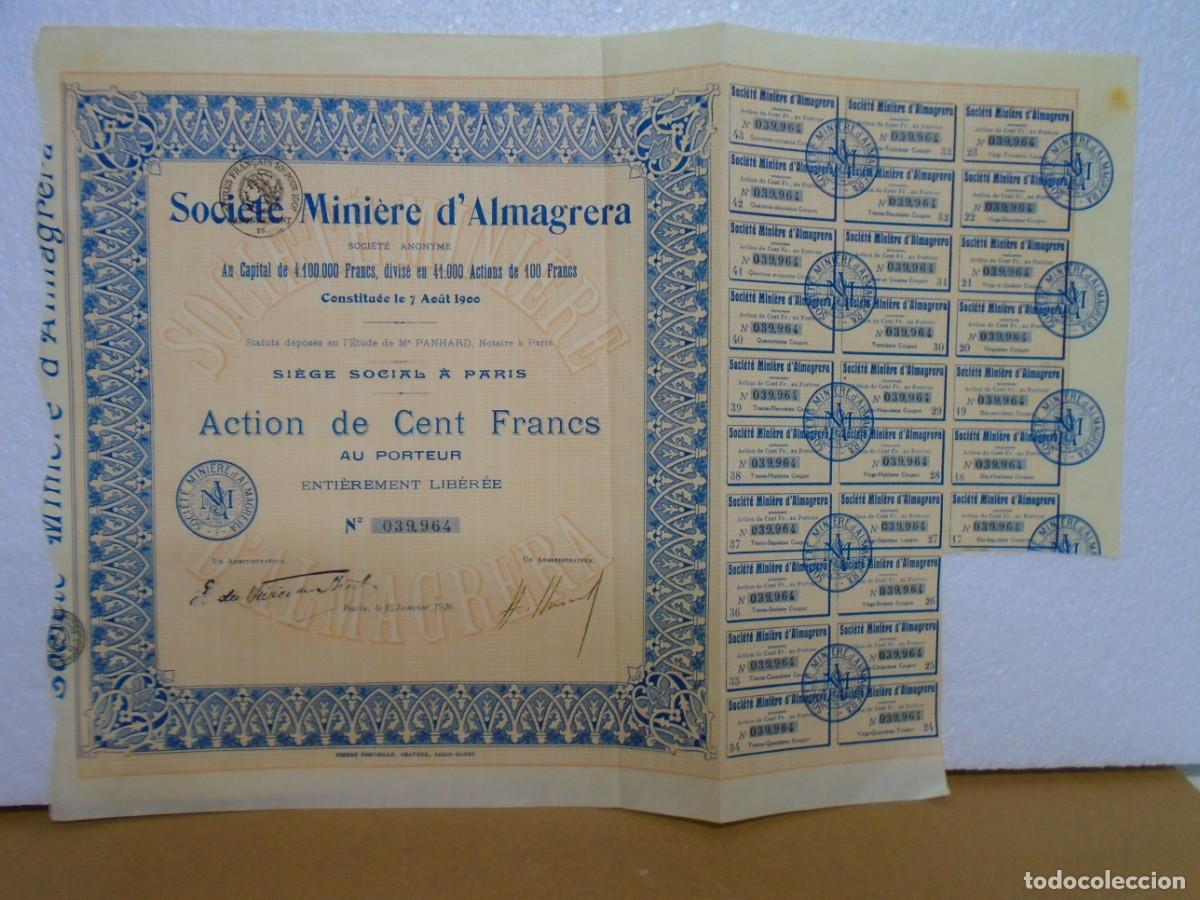 Coleccionismo acciones espa&ntilde;olas: SOCIETE MINIERE DE ALMAGRERA(ALMERIA)TITULO DE ACCION,PARIS 1926.