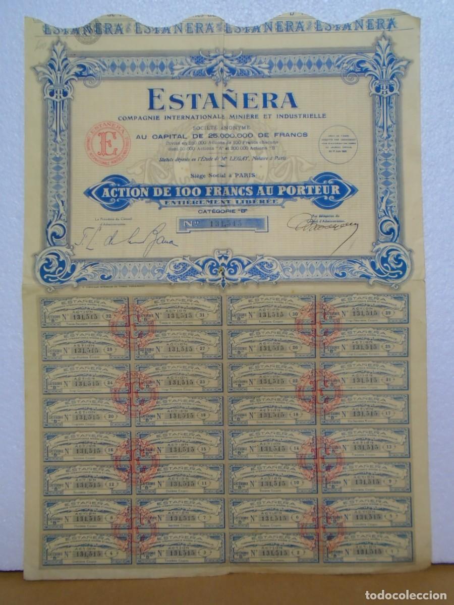 Coleccionismo acciones espa&ntilde;olas: &rdquo;ESTA&Ntilde;ERA&rdquo;CIA.INTERNACIONAL MINERA E INDUSTRIAL,TITULO DE ACCION,PARIS 1928.