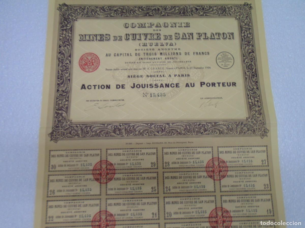 Coleccionismo acciones espa&ntilde;olas: CIA.DE MINAS DE COBRE DE SAN PLANTON(HUELVA) TITULO DE ACCION,PARIS 1906.