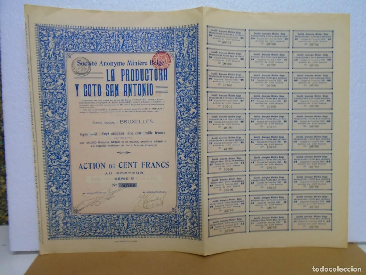 Coleccionismo acciones espa&ntilde;olas: S.A.MINERA BELGA&rdquo;LA PRODUCTORA Y COTO SAN ANTONIO&rdquo;TITULO ACCION,BRUSELAS 1913.